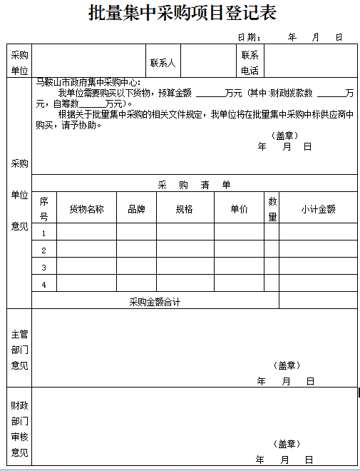 批量集中采购项目挂号表